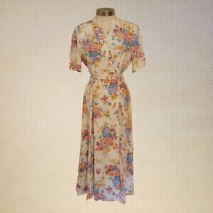 90s Floral Wrap Midi Dress Liz Claiborne Rayon Shoulder Pads Size 6